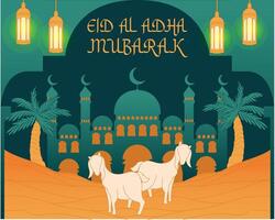 un póster eid al-adha fondo, mezquita, cabra, petróleo lámpara. vector