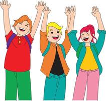 a drawing of three children with their arms up in the air. vector