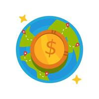 Dollar coin on globe with pins and stars illustration suitable for financial, travel, global business, investment. Money concepts visually vector