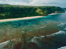 Scenic beach with cliffs and ocean on Bali. Aerial view of vacation coastline photo