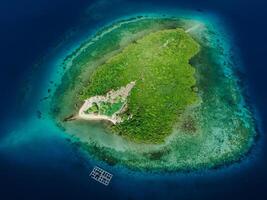 aéreo ver con isla en zona tropical y Oceano con coral arrecife. foto