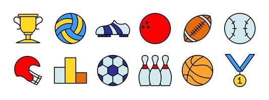Sports set icon. Trophy, volleyball, soccer cleat, bowling ball, football, baseball, helmet, podium, soccer ball, bowling pins, basketball, medal. Sports and competition concept. vector