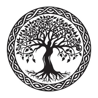 Tree of Life with Celtic knot patterns illustration in black and white