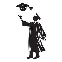 un graduado lanzando un gorra dentro el aire ilustración en negro y blanco vector