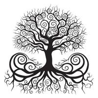 Tree of Life with a spiral pattern in its roots illustration in black and whiteTree of Life with a spiral pattern in its roots illustration in black and white vector