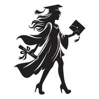 un hembra graduado caminando con diplomas ilustración en negro y blanco vector