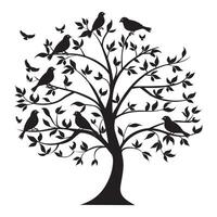 Tree of Life with birds perched on its branches illustration in black and white vector