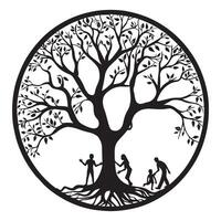 Tree of Life with human illustration in black and white vector