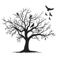 illustration of a tree with birds flying in the sky in black and white vector