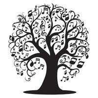 Tree of Life with musical notes integrated into its design illustration in black and white vector