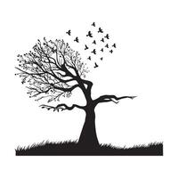 illustration of a tree with birds flying in the sky in black and white vector