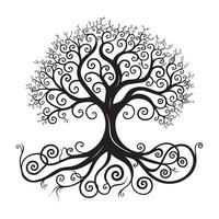 Tree of Life with a spiral pattern in its roots illustration in black and white vector