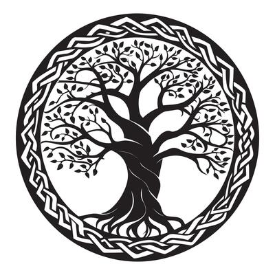 Tree of Life with Celtic knot pattern illustration in black and white