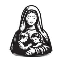 Mary Protecting children illustration in black and white vector