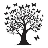 Tree of Life with butterflies emerging from its branches illustration in black and white vector