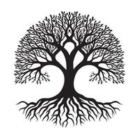 Tree of Life with a single trunk and symmetrical branches illustration in black and white vector