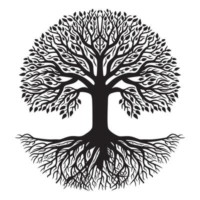 Tree of Life with a labyrinth pattern illustration in black and white