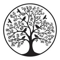 Tree of Life with birds perched on its branches illustration in black and white vector
