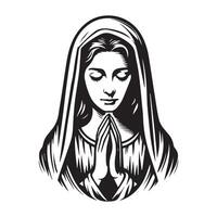 Mary in Prayer illustration in black and white vector