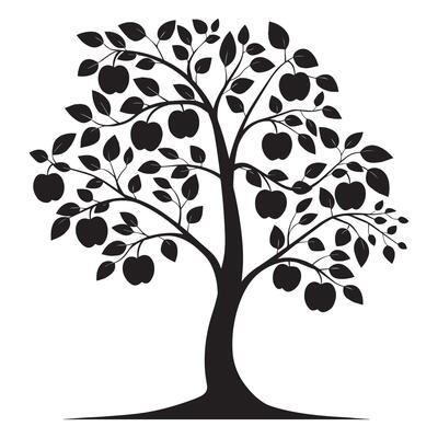 An apple tree plant illustration in black and white