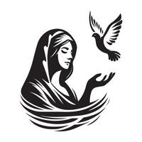 Mary with the Holy Spirit dove illustration in black and white vector