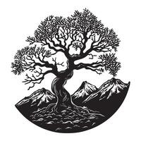 Tree of Life with a mountain range in the background illustration in black and white vector