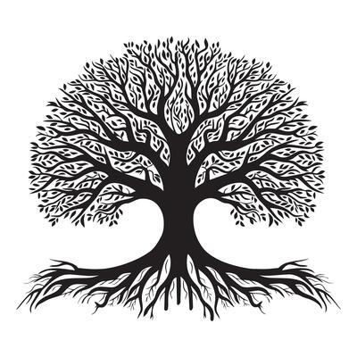 Tree of Life with a labyrinth pattern illustration in black and white