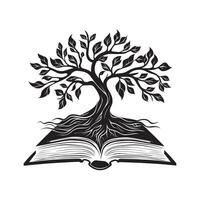 árbol de vida creciente fuera de un abierto libro ilustración en negro y blanco vector