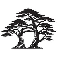 A pair of cedar trees in intertwined illustration in black and white vector