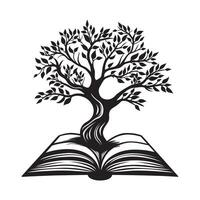 Tree of Life growing out of an open book illustration in black and white vector