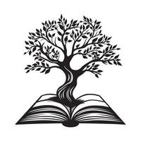 árbol de vida creciente fuera de un abierto libro ilustración en negro y blanco vector