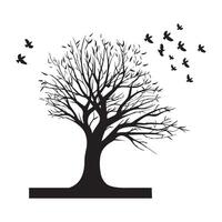 illustration of a tree with birds flying in the sky in black and white vector