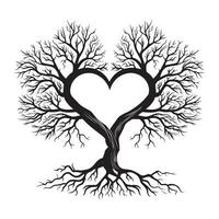 Tree of Life with intertwining branches forming a heart shape illustration in black and white vector