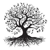 Tree of Life with musical notes integrated into its design illustration in black and white vector