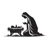 María con Jesús ilustración en negro y blanco vector
