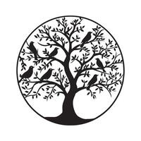 Tree of Life with birds perched on its branches illustration in black and white vector