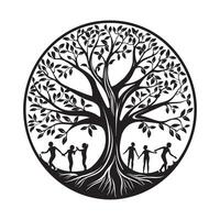 Tree of Life with human illustration in black and white vector
