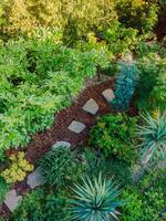 Landscape design with flower beds and path, natural landscaping panorama in home garden. Beautiful view of landscaped garden in residential backyard. Aerial view photo