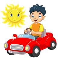 Young boy driving car with the sun vector