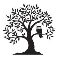 Tree of Life with an owl sitting on its branch illustration in black and white vector