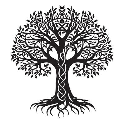 Tree of Life with Celtic knot patterns illustration in black and white