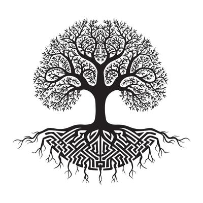 Tree of Life with a labyrinth pattern illustration in black and white