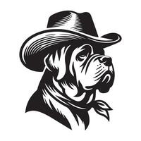 Vintage Mastiff dog Cowboy illustration in black and white vector