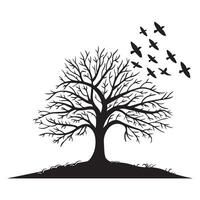 illustration of a tree with birds flying in the sky in black and white vector