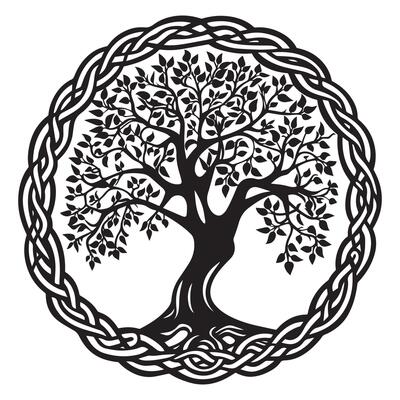 Tree of Life with Celtic knot patterns illustration in black and white
