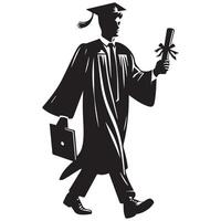 un masculino graduado caminando con diplomas ilustración en negro y blanco vector