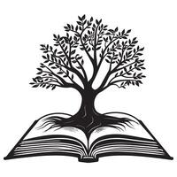 Tree of Life growing out of an open book illustration in black and white vector