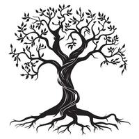 Tree of Life with vines intertwining around its trunk illustration in black and white vector