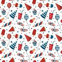 Patriotic children party food and decorations seamless pattern for Independence day. Isolated on white background. 4th of July birthday accessory backdrop vector