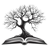 árbol de vida creciente fuera de un abierto libro ilustración en negro y blanco vector